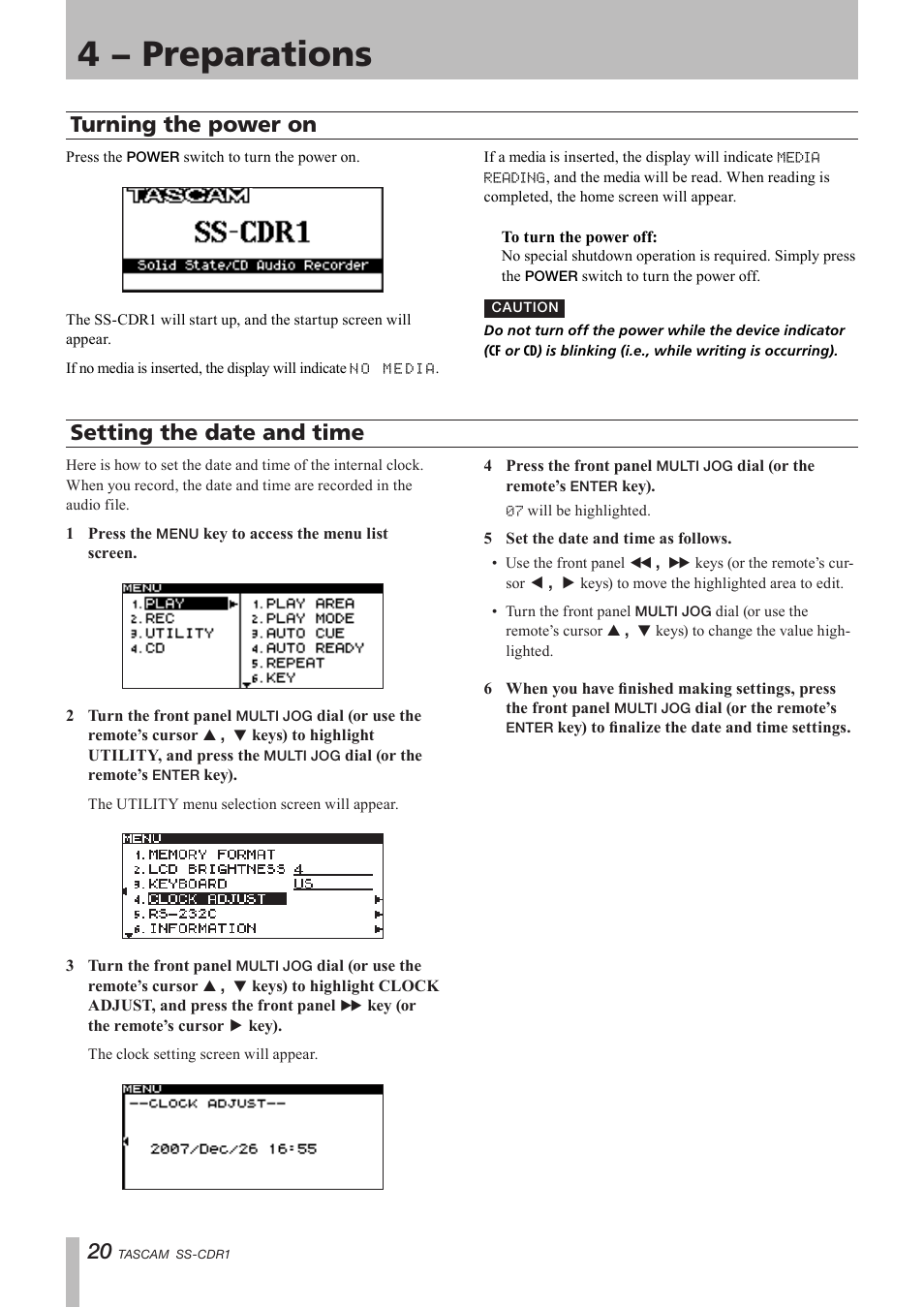 Turning the power on, Setting the date and time, Turning the power on setting the date and time | 4 − preparations | Teac SS-CDR1 User Manual | Page 20 / 88