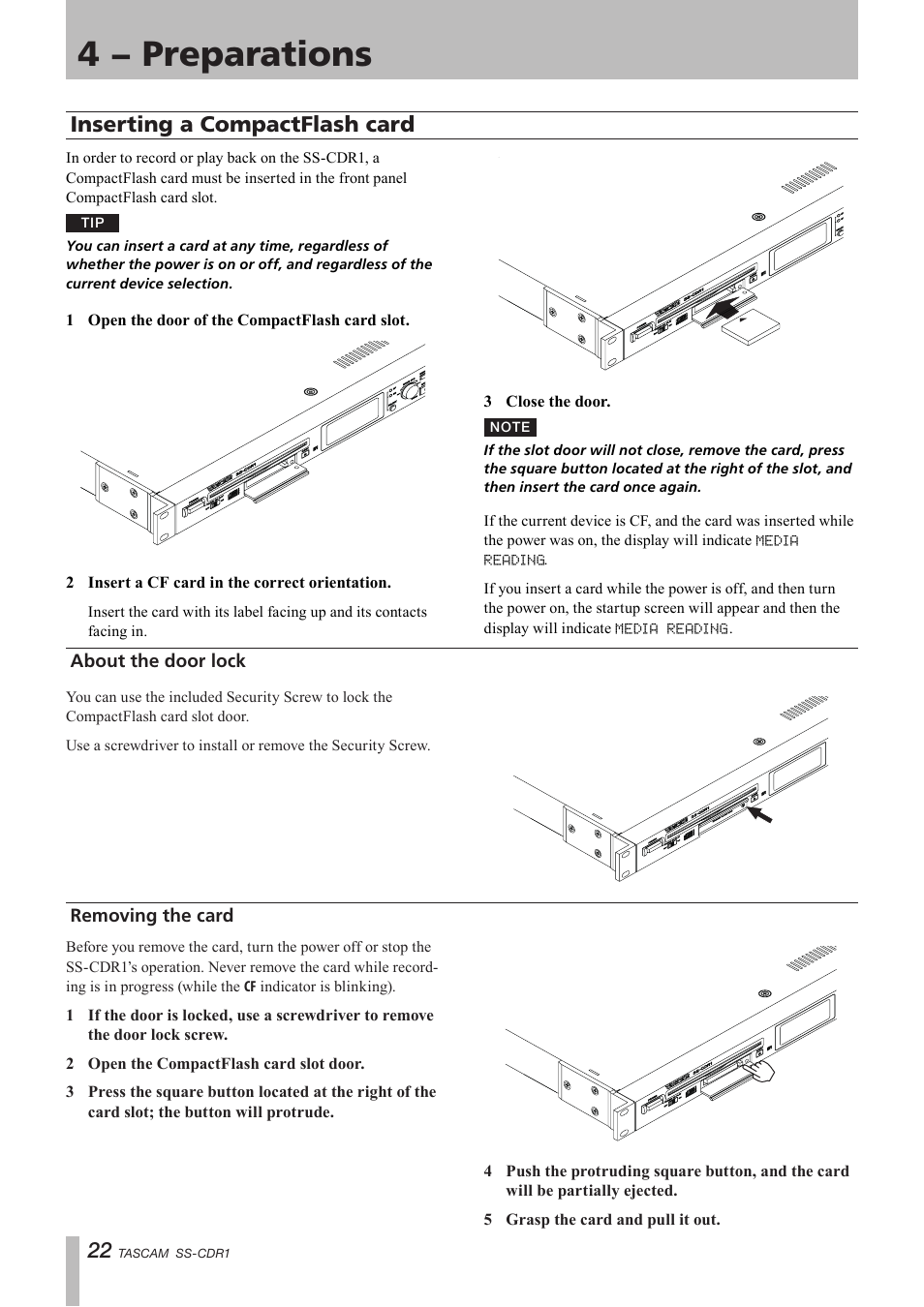 Inserting a compactflash card, About the door lock, Removing the card | 4 − preparations | Teac SS-CDR1 User Manual | Page 22 / 88