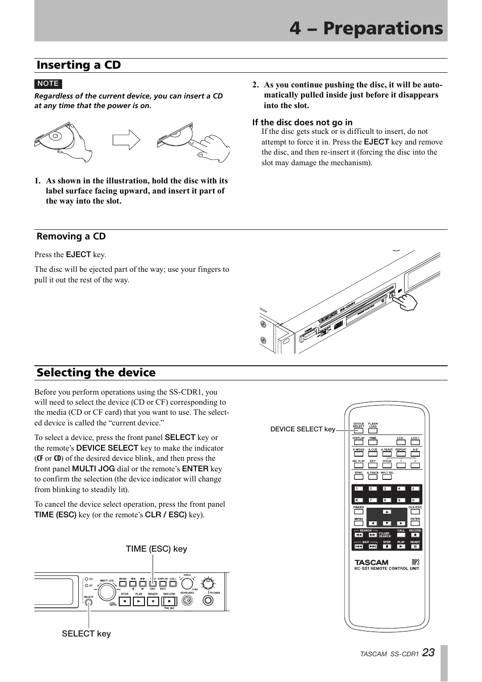 Inserting a cd, Removing a cd, Selecting the device | Inserting a cd removing a cd selecting the device, 4 − preparations | Teac SS-CDR1 User Manual | Page 23 / 88