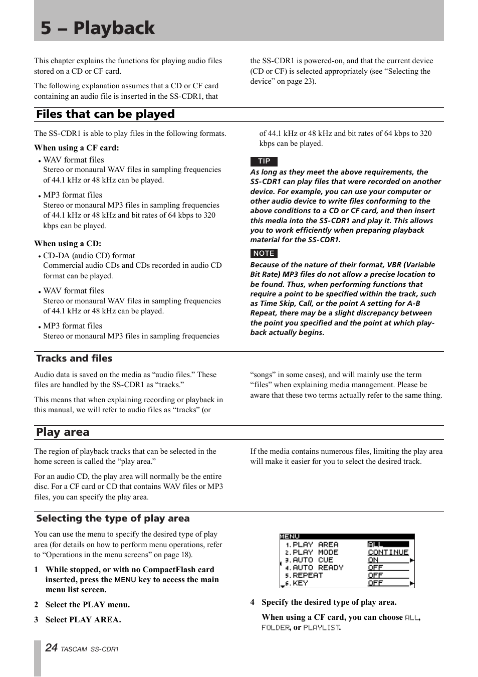 5 − playback, Files that can be played, Tracks and files | Play area, Selecting the type of play area | Teac SS-CDR1 User Manual | Page 24 / 88