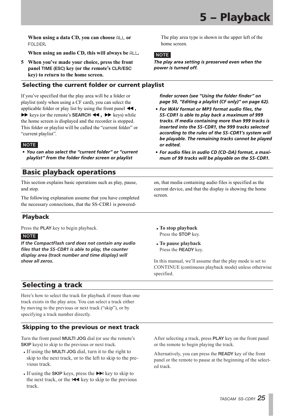 Selecting the current folder or current playlist, Basic playback operations, Playback | Selecting a track, Skipping to the previous or next track, 5 − playback | Teac SS-CDR1 User Manual | Page 25 / 88