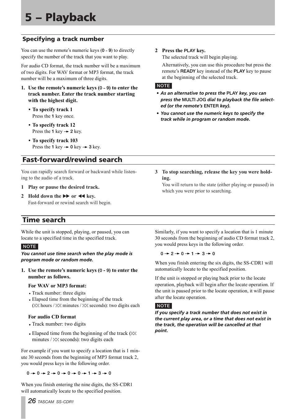 Specifying a track number, Fast-forward/rewind search, Time search | 5 − playback | Teac SS-CDR1 User Manual | Page 26 / 88