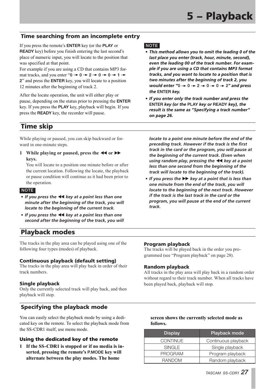 Time searching from an incomplete entry, Time skip, Playback modes | Specifying the playback mode, 5 − playback, 27 time skip | Teac SS-CDR1 User Manual | Page 27 / 88