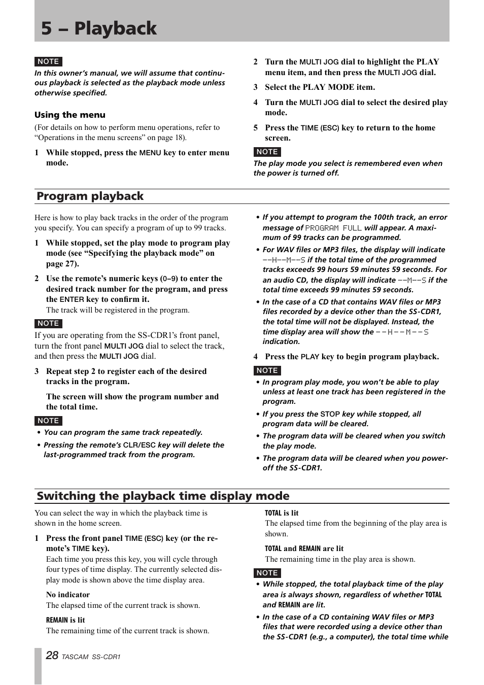 Program playback, Switching the playback time display mode, 5 − playback | Teac SS-CDR1 User Manual | Page 28 / 88