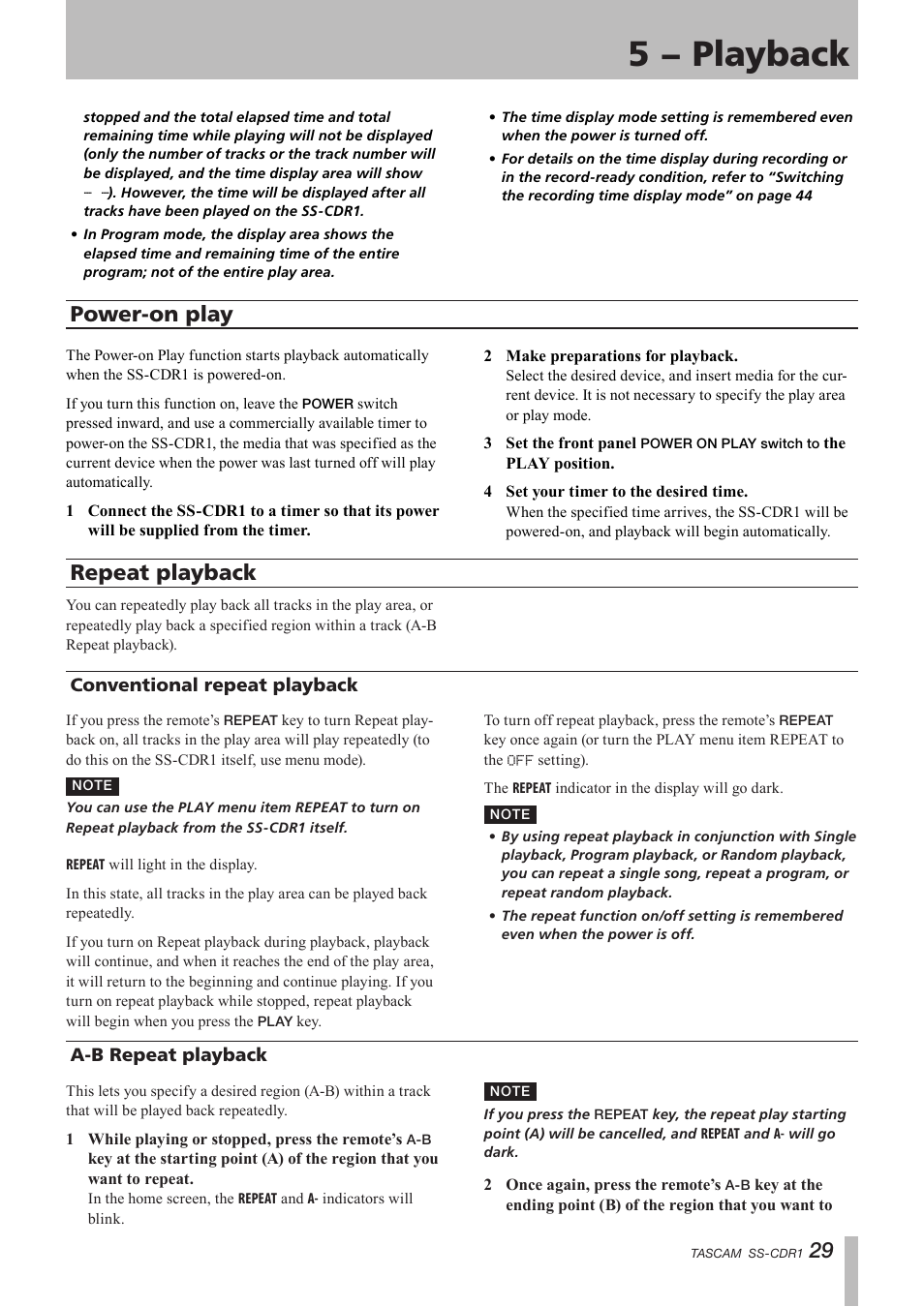 Power-on play, Repeat playback, Conventional repeat play | A-b repeat playback, 5 − playback, 29 power-on play | Teac SS-CDR1 User Manual | Page 29 / 88