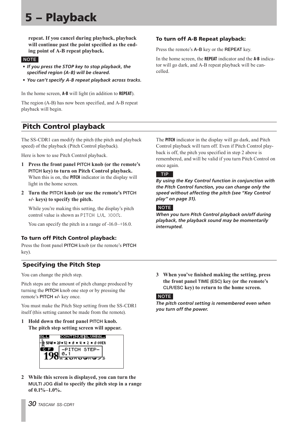 Pitch control playback, Specifying the pitch step, Pitch control playback specifying the pitch step | 5 − playback | Teac SS-CDR1 User Manual | Page 30 / 88