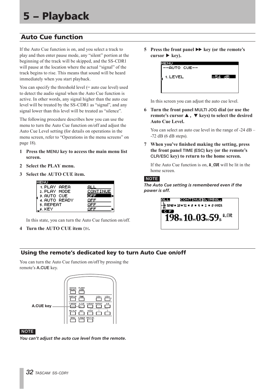 Auto cue function, Auto cue on/off, 5 − playback | Teac SS-CDR1 User Manual | Page 32 / 88