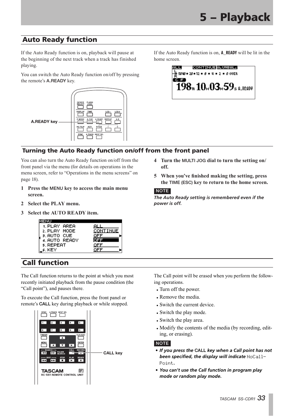 Auto ready function, Call function, From the front panel | 5 − playback, 33 auto ready function | Teac SS-CDR1 User Manual | Page 33 / 88