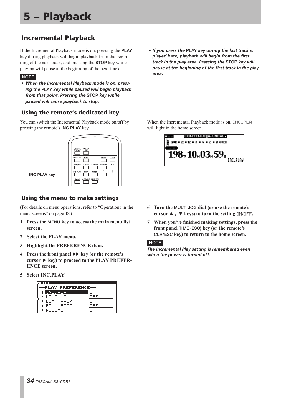 Incremental playback, Using the remote’s dedicated key, Using the menu to make settings | 5 − playback | Teac SS-CDR1 User Manual | Page 34 / 88