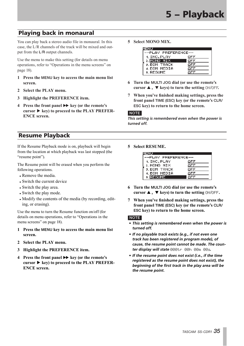 Playing back in monaural, Resume playback, Playing back in monaural resume playback | 5 − playback, 35 playing back in monaural | Teac SS-CDR1 User Manual | Page 35 / 88