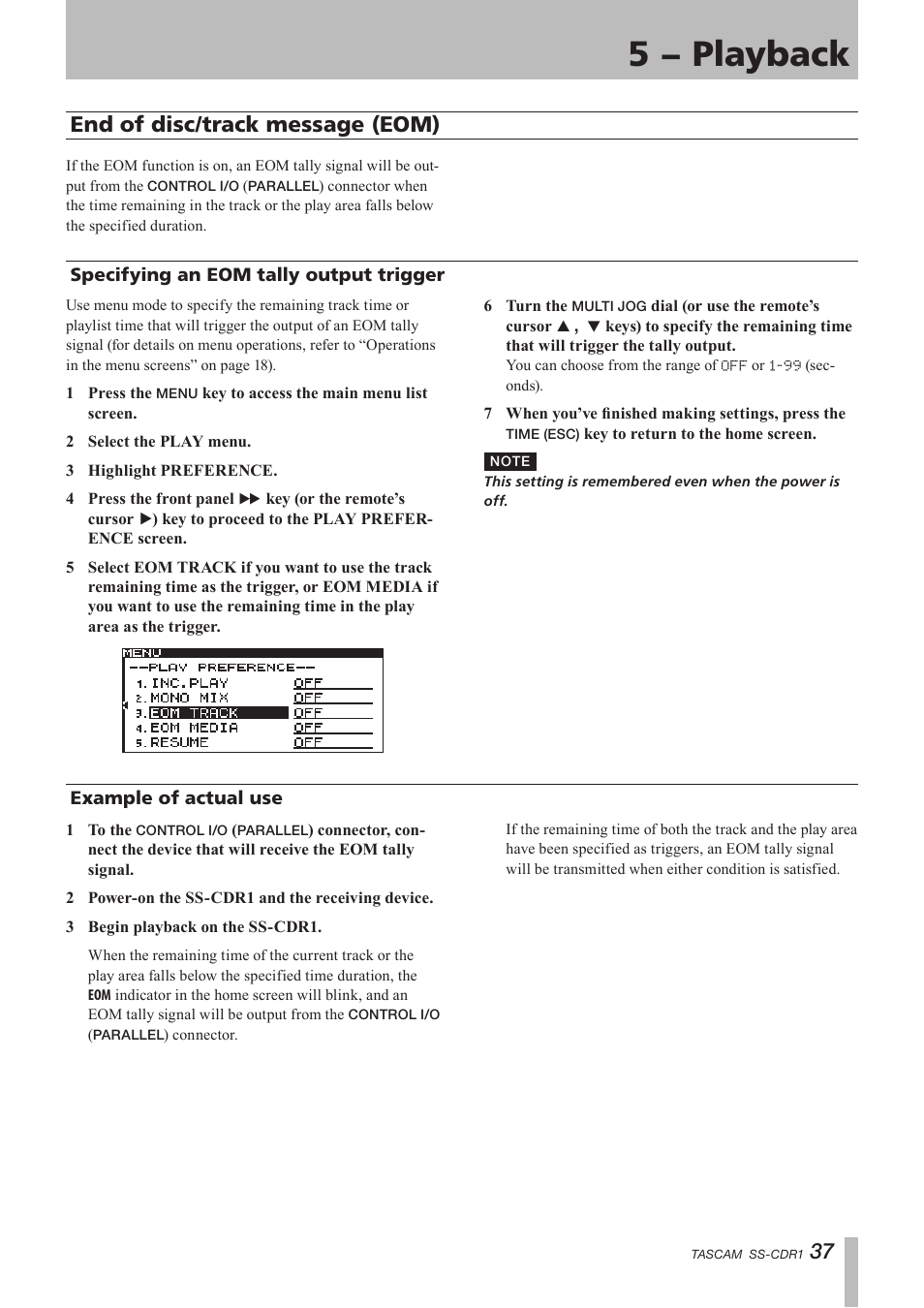 End of disc/track message (eom), Specifying an eom tally output trigger, Example of actual use | 5 − playback, 37 end of disc/track message (eom) | Teac SS-CDR1 User Manual | Page 37 / 88