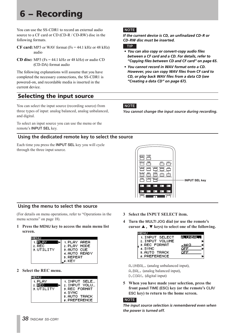 6 − recording, Selecting the input source, Using the menu to select the source | The source | Teac SS-CDR1 User Manual | Page 38 / 88