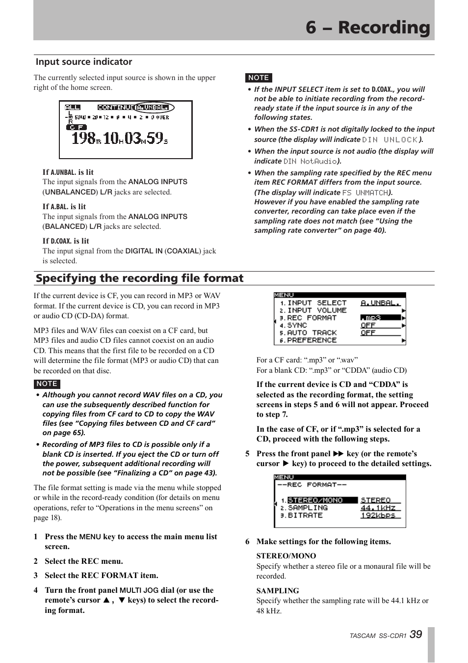 Input source indicator, Specifying the recording file format, 6 − recording | Teac SS-CDR1 User Manual | Page 39 / 88