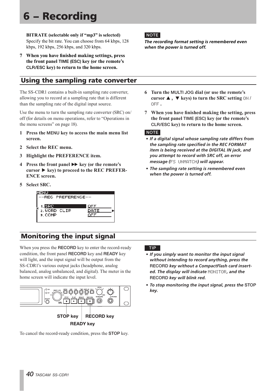 Using the sampling rate converter, Monitoring the input signal, 6 − recording | Teac SS-CDR1 User Manual | Page 40 / 88