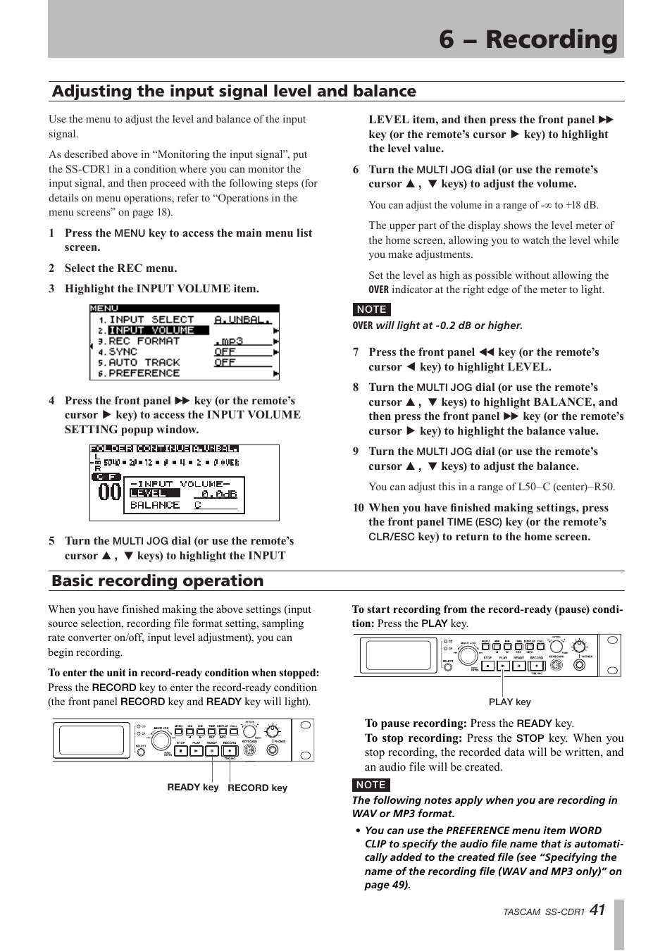 Adjusting the input signal level and balance, Basic recording operation, 6 − recording | 41 adjusting the input signal level and balance | Teac SS-CDR1 User Manual | Page 41 / 88