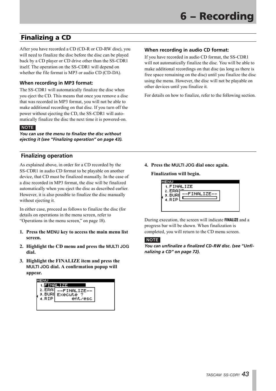 Finalizing a cd, Finalizin operation, Finalizing a cd finalizing operation | 6 − recording | Teac SS-CDR1 User Manual | Page 43 / 88