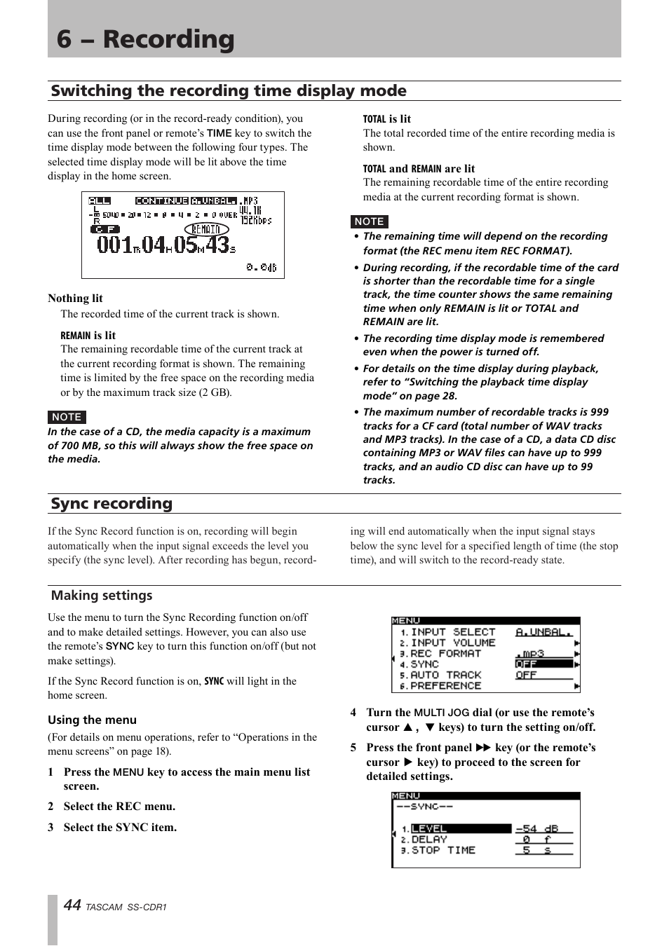 Switching the recording time display mode, Sync recording, Making settings | Sync recording making settings, 6 − recording | Teac SS-CDR1 User Manual | Page 44 / 88