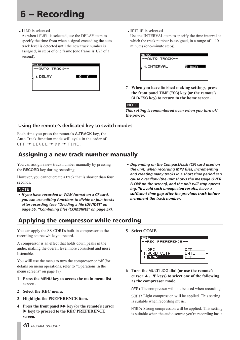 Using the remote’s dedicated key to switch modes, Assigning a new track number manually, Applying the compressor while recording | Using the remote’s dedicated key, To switch modes, 6 − recording | Teac SS-CDR1 User Manual | Page 48 / 88