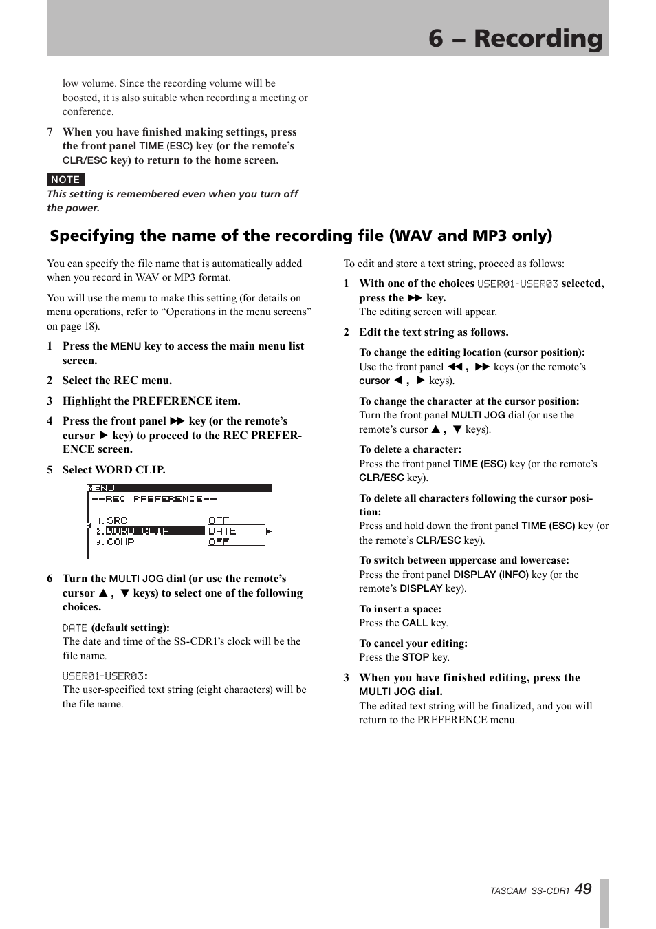 Specifying the name of the recording file, Wav and mp3 only), 6 − recording | Teac SS-CDR1 User Manual | Page 49 / 88