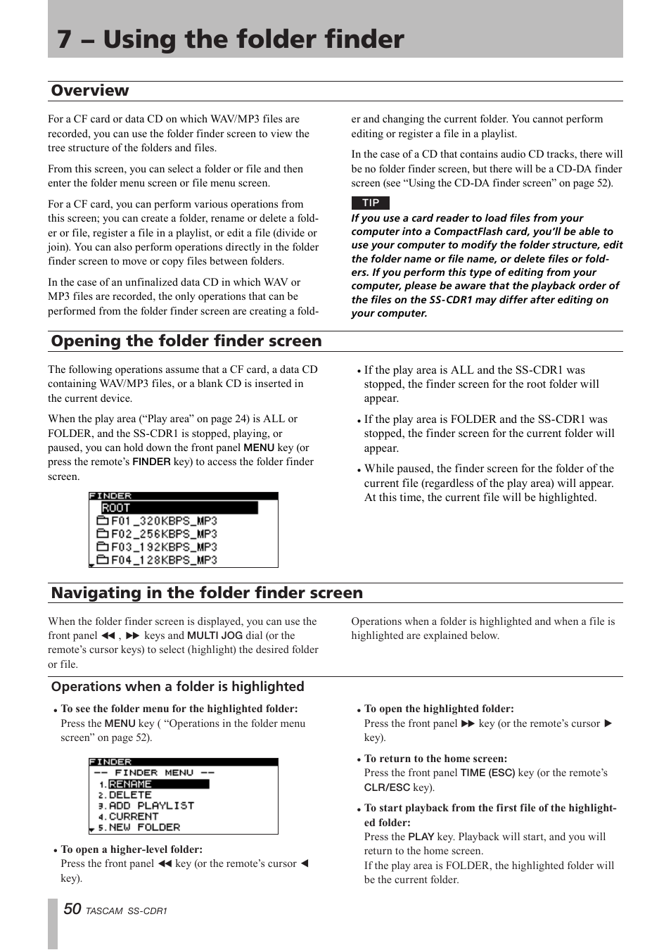 7 − using the folder finder, Overview, Opening the folder finder screen | Navigating in the folder finder screen, Operations when a folder is highlighted, Operations in the folder menu screen | Teac SS-CDR1 User Manual | Page 50 / 88