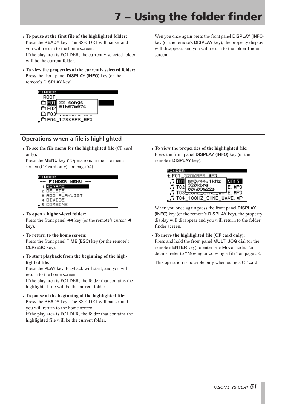 Operations when a file is highlighted, 7 − using the folder finder | Teac SS-CDR1 User Manual | Page 51 / 88