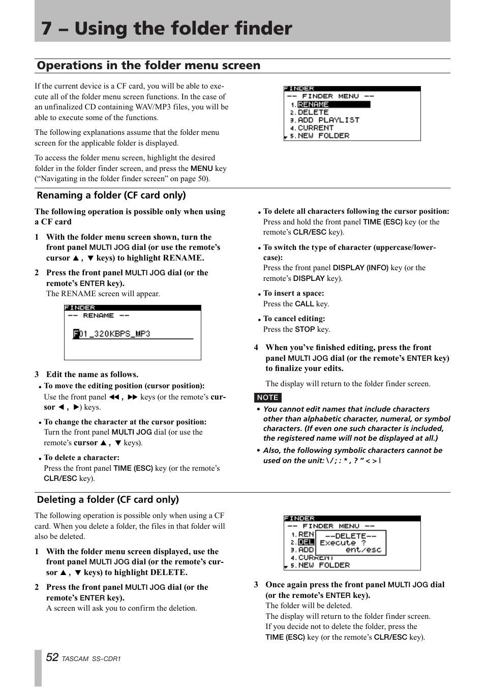 Operations in the folder menu screen, Renaming a folder (cf card only), Deleting a folder (cf card only) | 7 − using the folder finder | Teac SS-CDR1 User Manual | Page 52 / 88