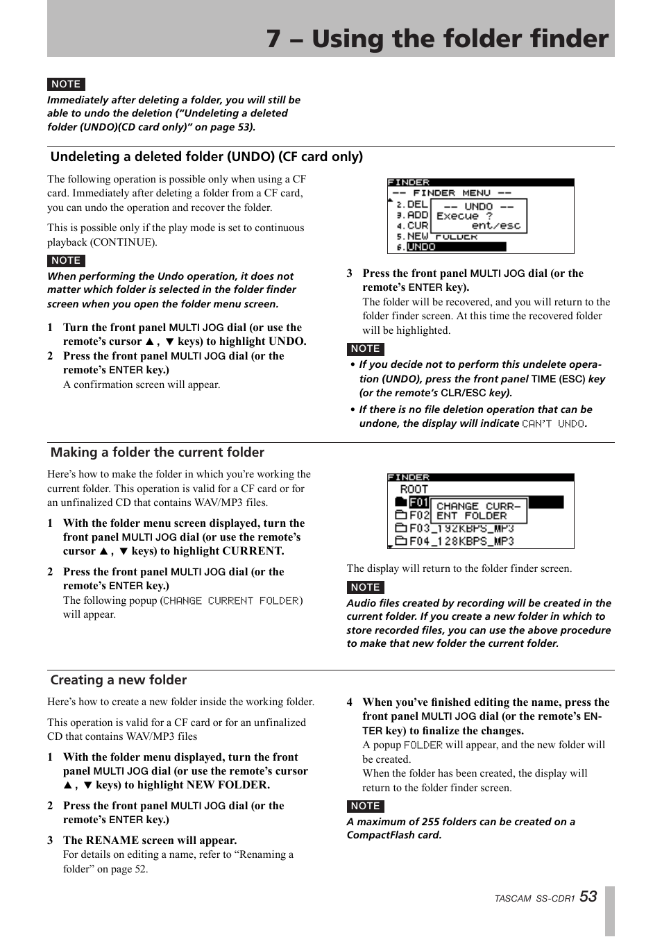 Undeleting a deleted folder (undo) (cf card only), Making a folder the current folder, Creating a new folder | Undeleting a deleted folder (undo), Cf card only), 7 − using the folder finder | Teac SS-CDR1 User Manual | Page 53 / 88