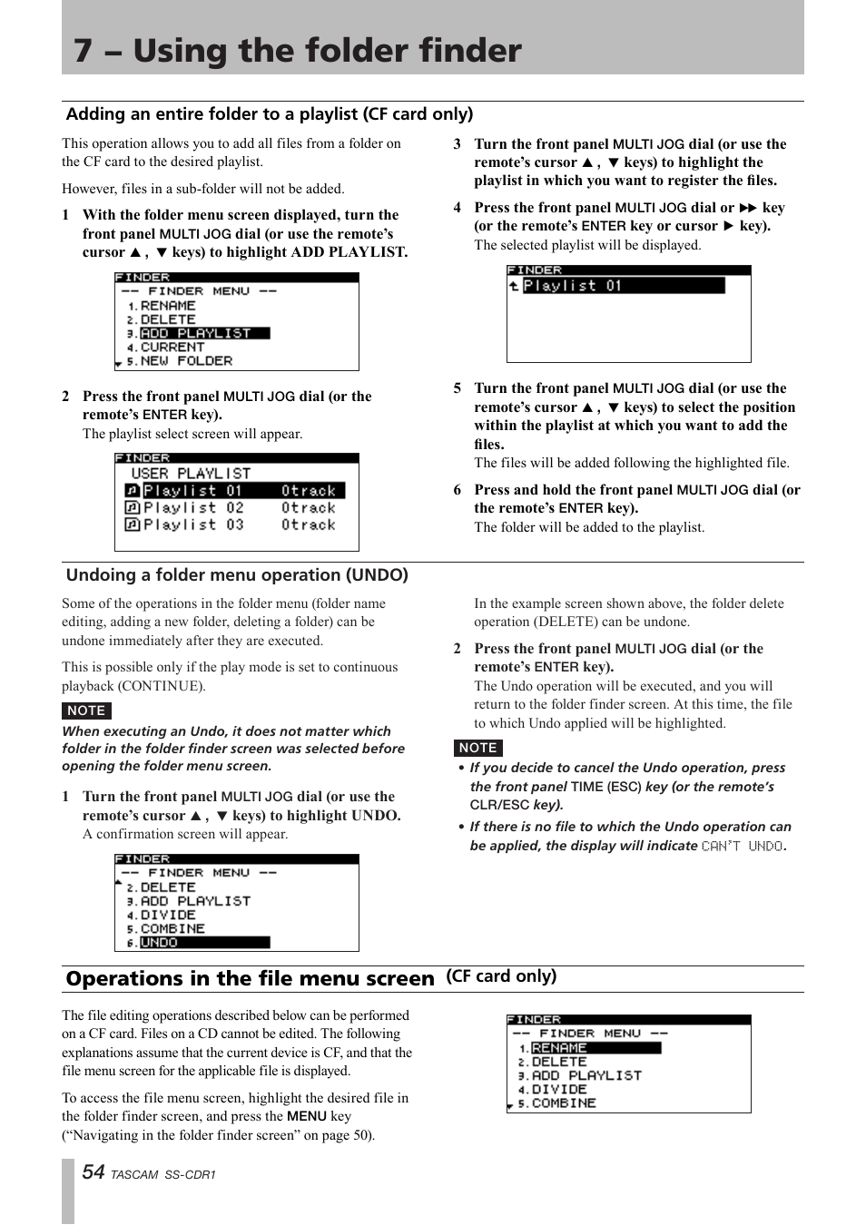 Undoing a folder menu operation (undo), Operations in the file menu screen, Adding an entire folder to a playlist | Cf card only), 7 − using the folder finder | Teac SS-CDR1 User Manual | Page 54 / 88