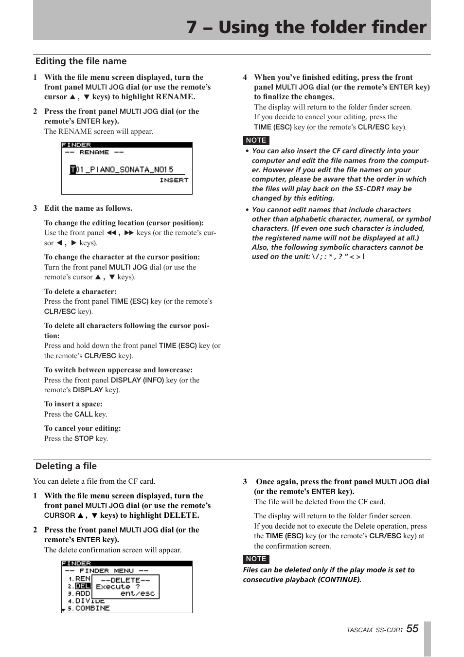 Editing the file name, Deleting a file (divide), Editing the file name deleting a file | 7 − using the folder finder | Teac SS-CDR1 User Manual | Page 55 / 88