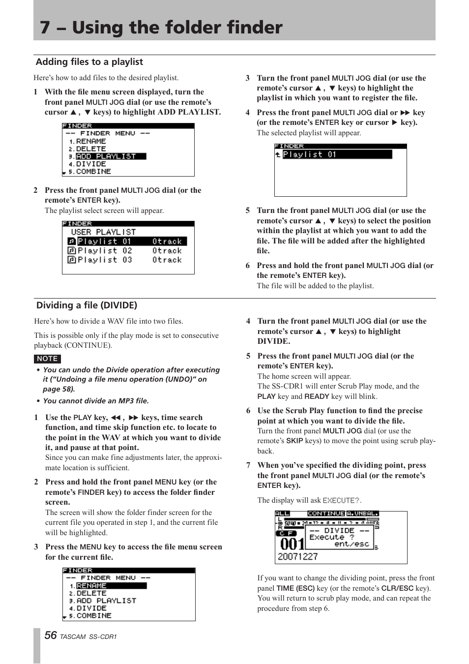 Adding files to a playlist, Dividing a file (divide), 7 − using the folder finder | Teac SS-CDR1 User Manual | Page 56 / 88