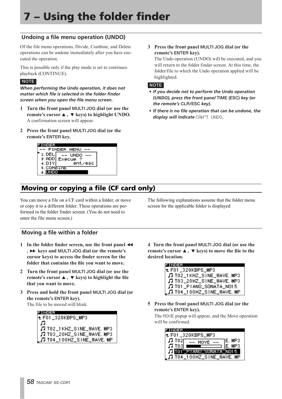 Undoing a file menu operation (undo), Moving or copying a file (cf card only), Moving a file within a folder | 7 − using the folder finder | Teac SS-CDR1 User Manual | Page 58 / 88