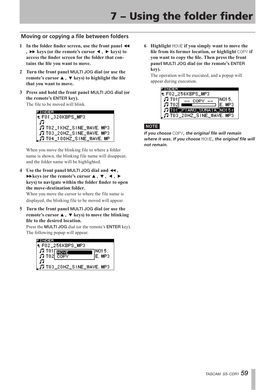 Moving or copying a file between folders, 7 − using the folder finder | Teac SS-CDR1 User Manual | Page 59 / 88