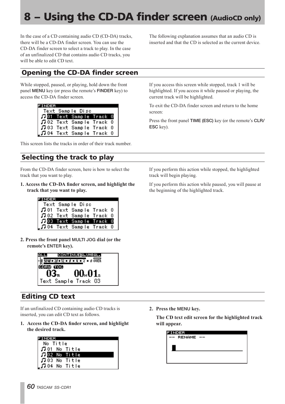 8 − using the cd-da finder screen (audiocd only), Opening the cd-da finder screen, Selecting the track to play | Editing cd text, 8 − using the cd-da finder screen, Audiocd only) | Teac SS-CDR1 User Manual | Page 60 / 88