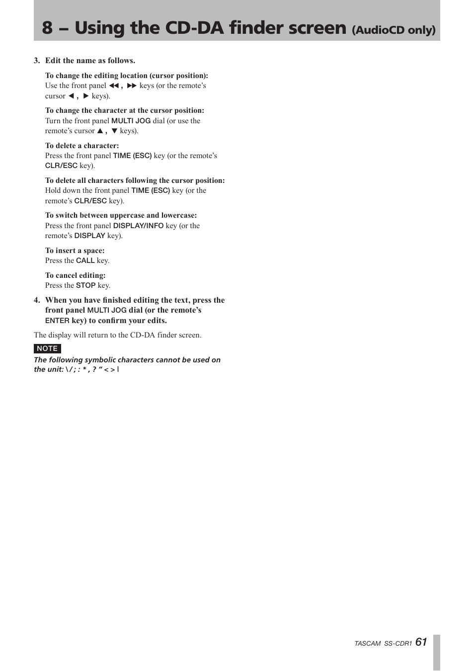 8 − using the cd-da finder screen, Audiocd only) | Teac SS-CDR1 User Manual | Page 61 / 88