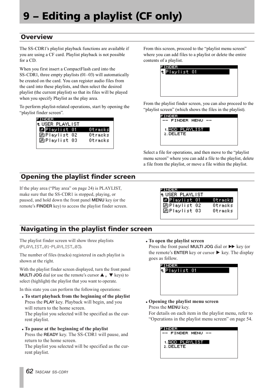 9 − editing a playlist (cf only), Overview, Opening the playlist finder screen | Navigating in the playlist finder screen | Teac SS-CDR1 User Manual | Page 62 / 88