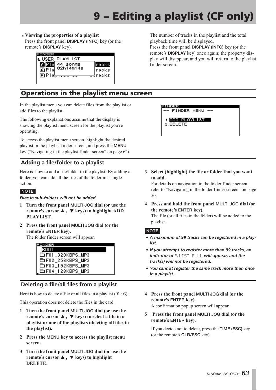 Operations in the playlist menu screen, Adding a file/folder to a playlist, Deleting a file/all files from a playlist | 9 − editing a playlist (cf only) | Teac SS-CDR1 User Manual | Page 63 / 88