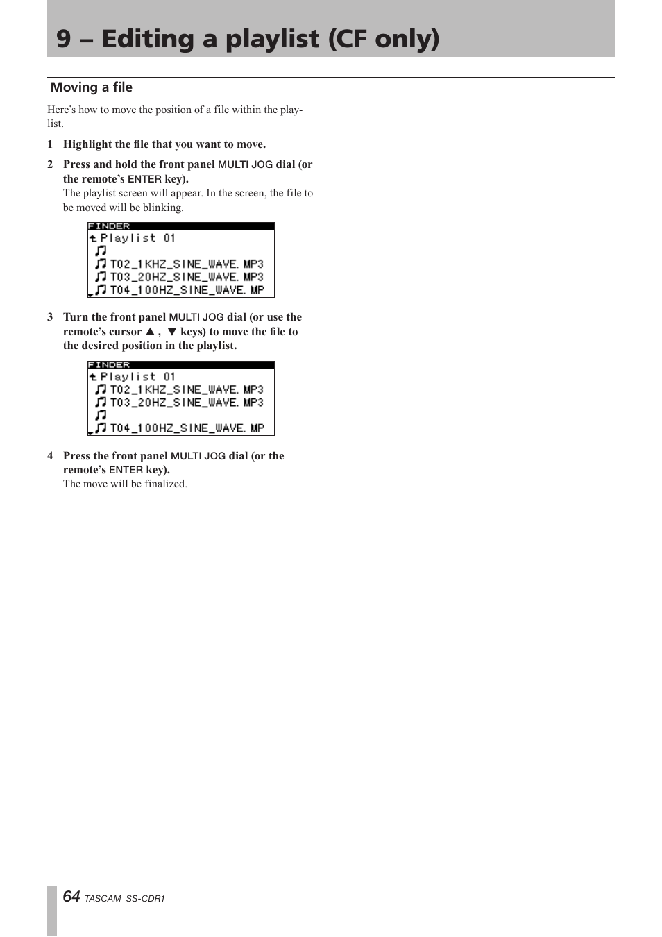 Moving a file, 9 − editing a playlist (cf only) | Teac SS-CDR1 User Manual | Page 64 / 88