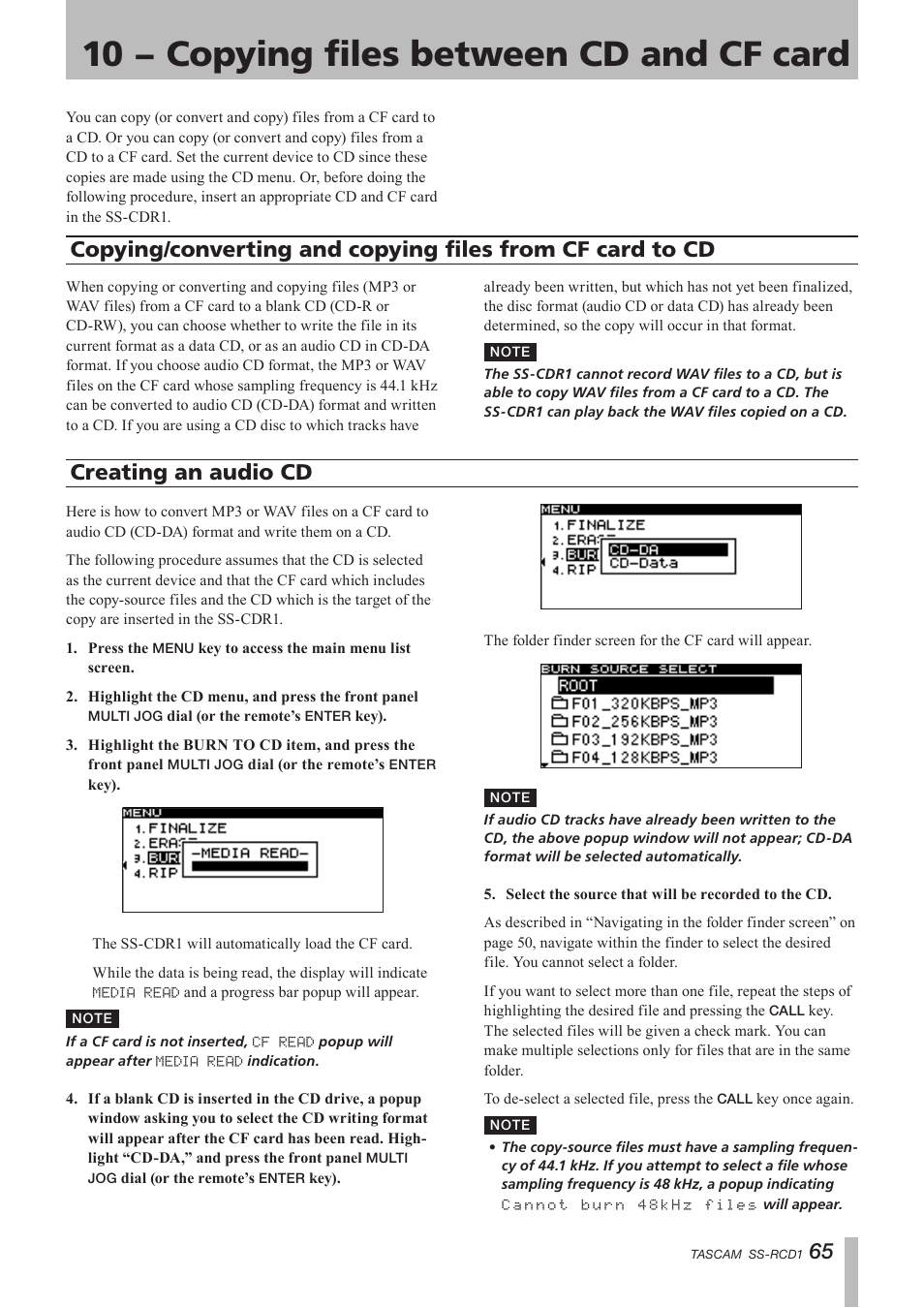 10 − copying files between cd and cf card, Creating an audio cd, 10 − copying files between | Cd and cf card, Copying/converting and copying files, From cf card to cd | Teac SS-CDR1 User Manual | Page 65 / 88