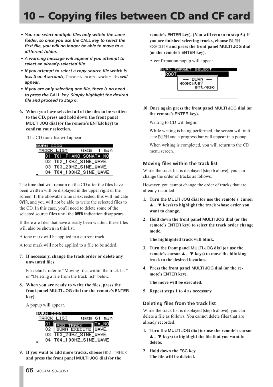 Moving files within the track list, Deleting files from the track list, 10 − copying files between cd and cf card | Teac SS-CDR1 User Manual | Page 66 / 88