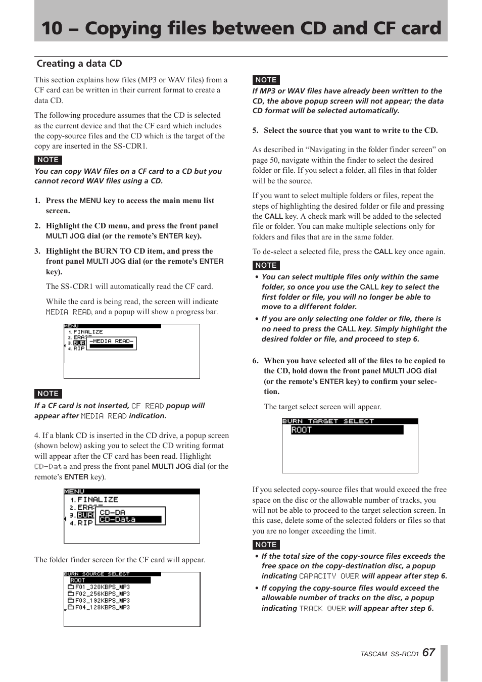 Creating a data cd, 10 − copying files between cd and cf card | Teac SS-CDR1 User Manual | Page 67 / 88