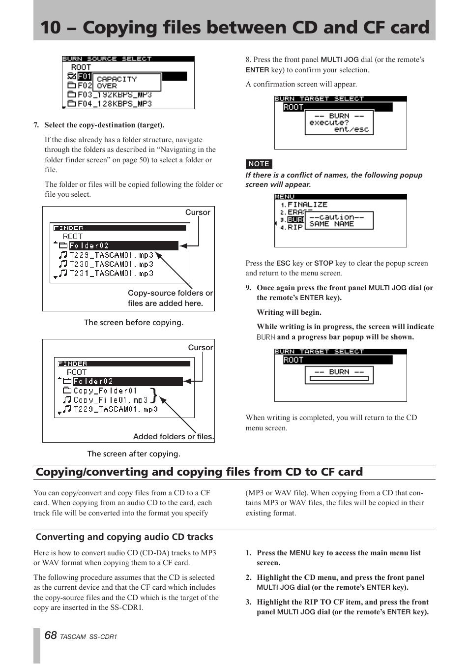 Converting and copying audio cd tracks, Copying/converting and copying files, From cd to cf card | 10 − copying files between cd and cf card | Teac SS-CDR1 User Manual | Page 68 / 88