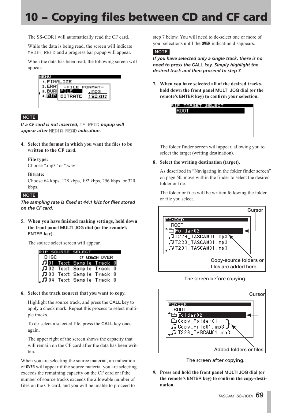 10 − copying files between cd and cf card | Teac SS-CDR1 User Manual | Page 69 / 88