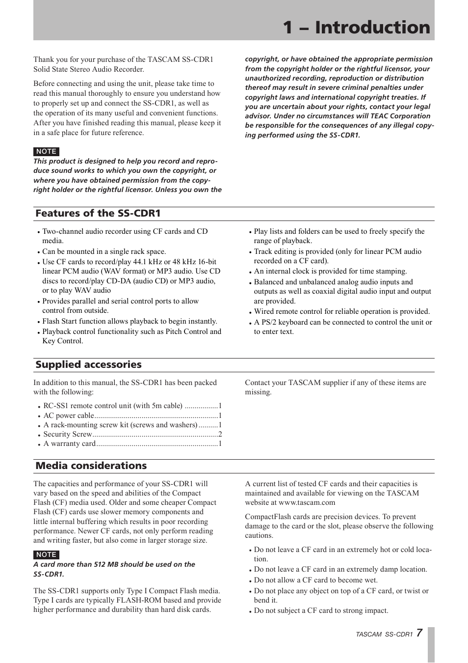 1 − introduction, Features of the ss-r1, Supplied accessories | Media considerations, Features of the ss-cdr1 | Teac SS-CDR1 User Manual | Page 7 / 88