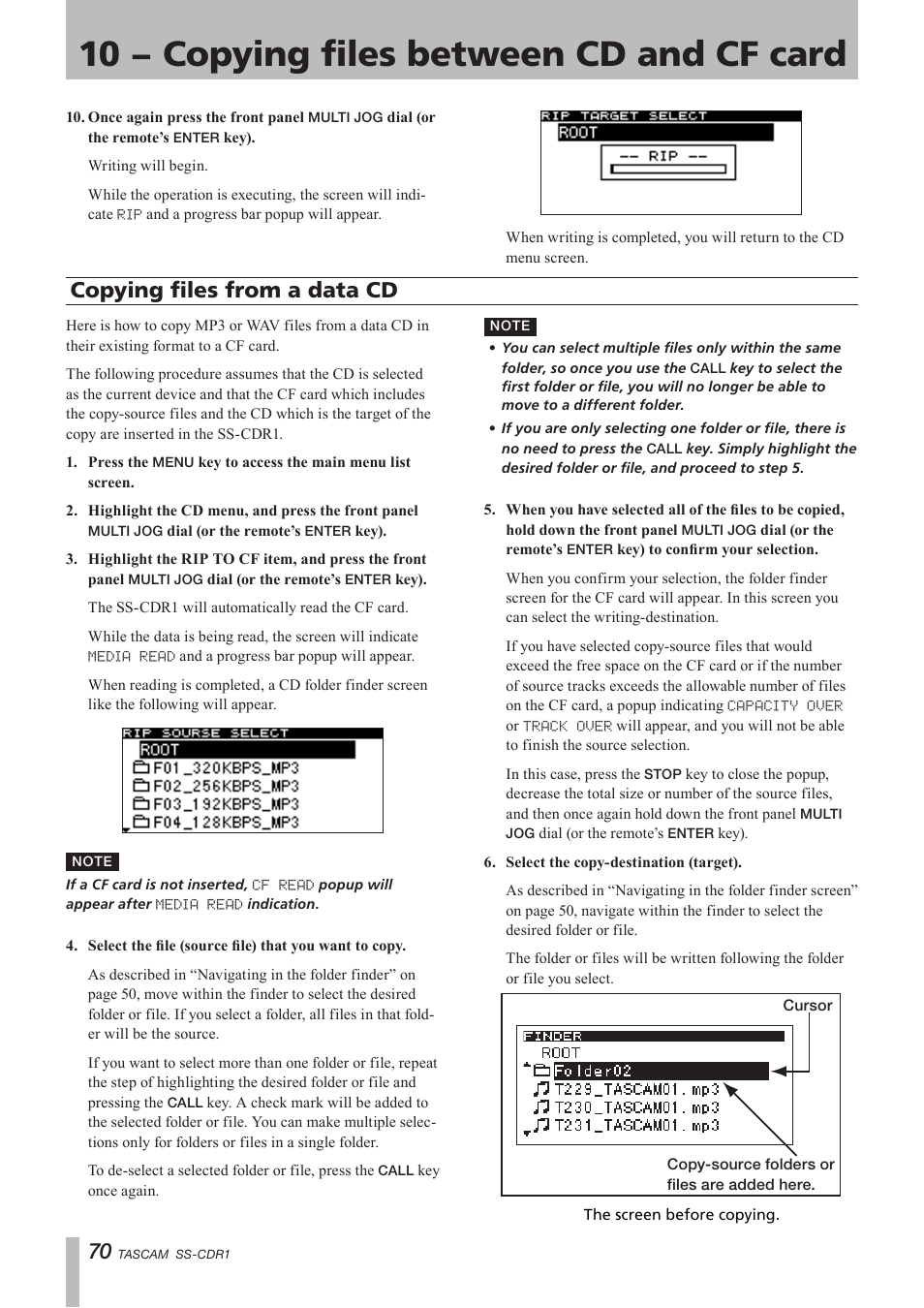 Copying files from a data cd, 10 − copying files between cd and cf card | Teac SS-CDR1 User Manual | Page 70 / 88