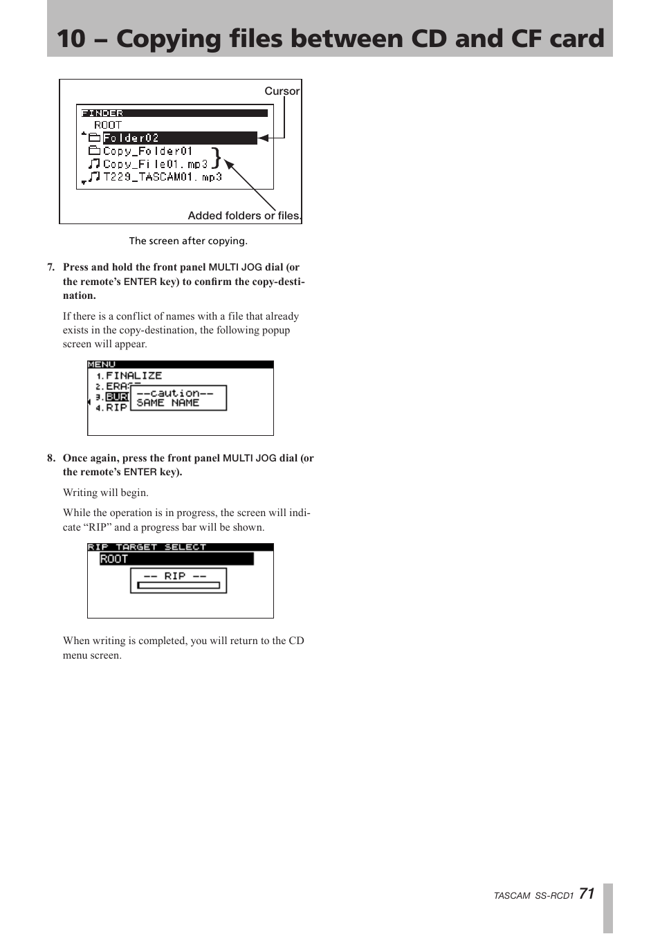 10 − copying files between cd and cf card | Teac SS-CDR1 User Manual | Page 71 / 88