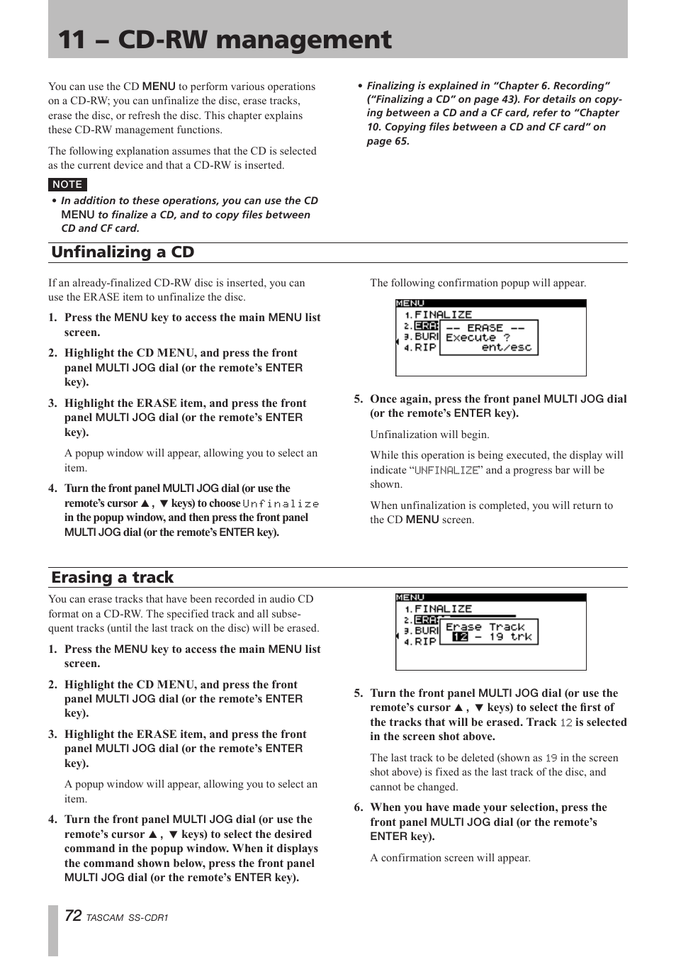 11 − cd-rw management, Unfinalizing a cd, Erasing a track | Unfinalizing a cd erasing a track | Teac SS-CDR1 User Manual | Page 72 / 88