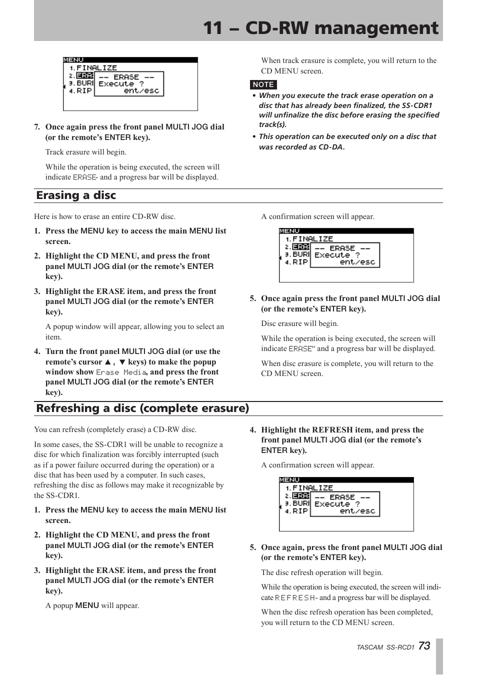 Erasing a disc, Refreshing a disc (complete erasure), 11 − cd-rw management | 73 refreshing a disc (complete erasure) | Teac SS-CDR1 User Manual | Page 73 / 88