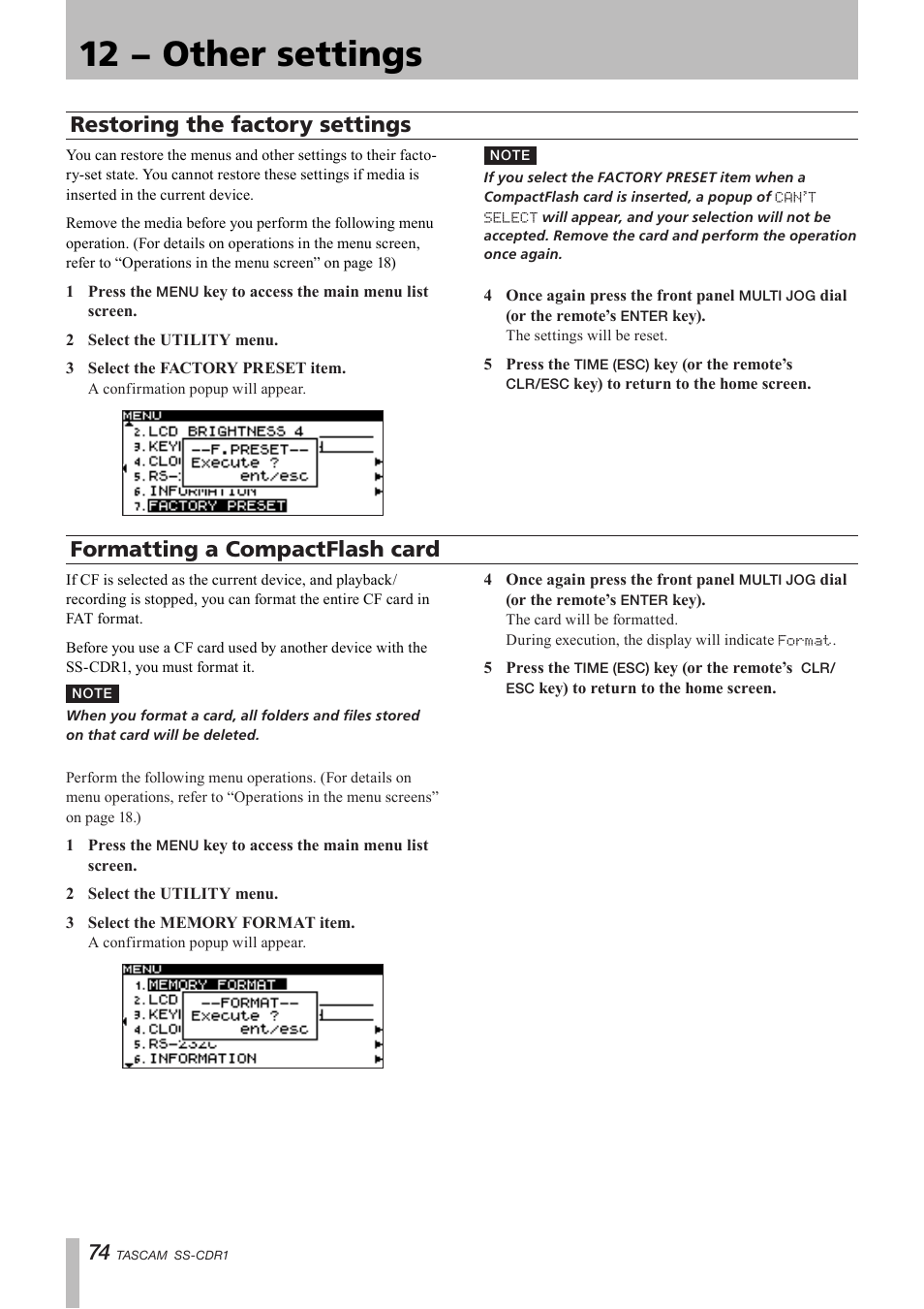 12 − other settings, Restoring the factory settings, Formatting a compactflash card | Teac SS-CDR1 User Manual | Page 74 / 88