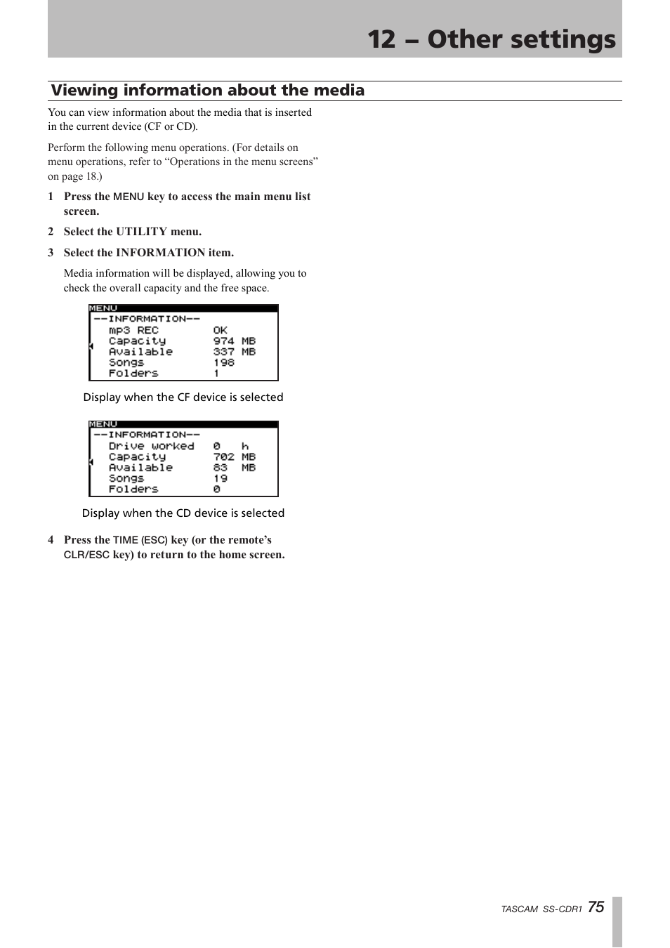 Viewing information about the media, 12 − other settings, 75 viewing information about the media | Teac SS-CDR1 User Manual | Page 75 / 88