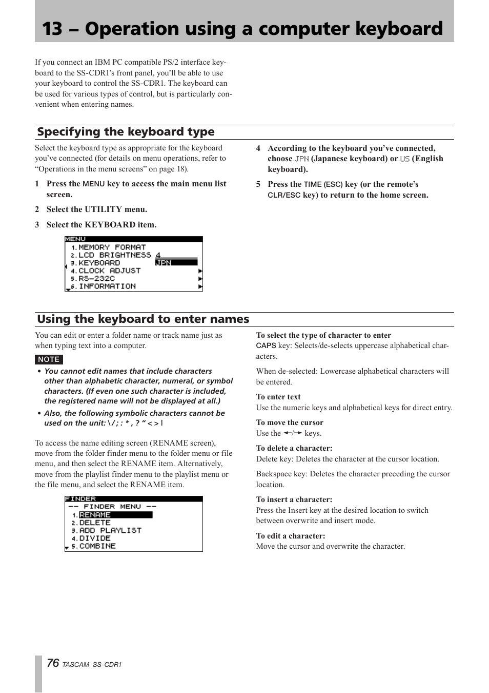 13 − operation using a computer keyboard, Specifying the keyboard type, Using the keyboard to enter names | 13 − operation using a computer, Keyboard, Keyboard operations | Teac SS-CDR1 User Manual | Page 76 / 88